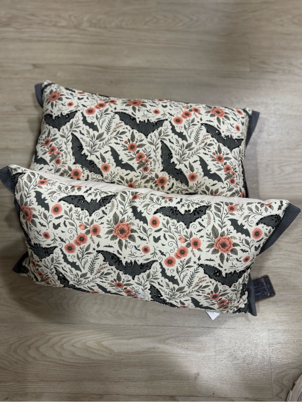 Floral Bat Print Decorative Throw 2 Pillow - Cream and Black